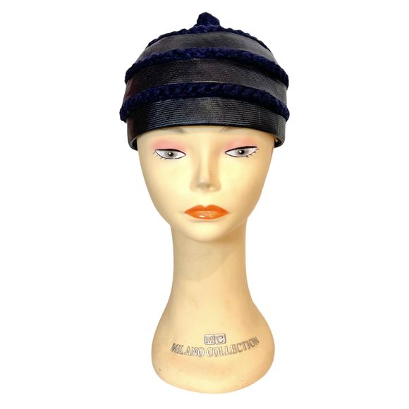 Vintage CHRISTIAN DIOR Navy Blue Raffia and Wood Trim Cloche Hat, Size S main image 6